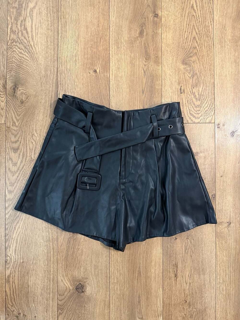 DO+BE Black Faux Leather Belted Pleated Shorts